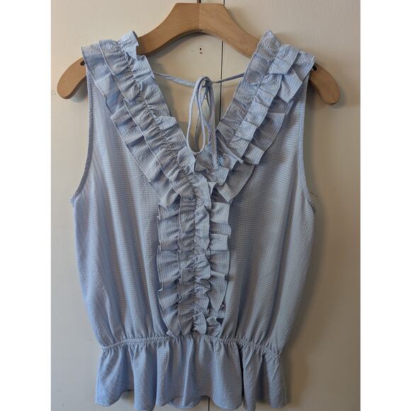 Doe & Rae Blue Ruffle V Neck Top - Picture 2 of 13
